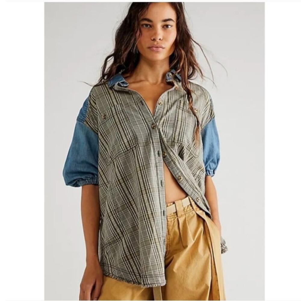 NWOT Free People We The Free Runaway Plaid and Denim Top, Size XS